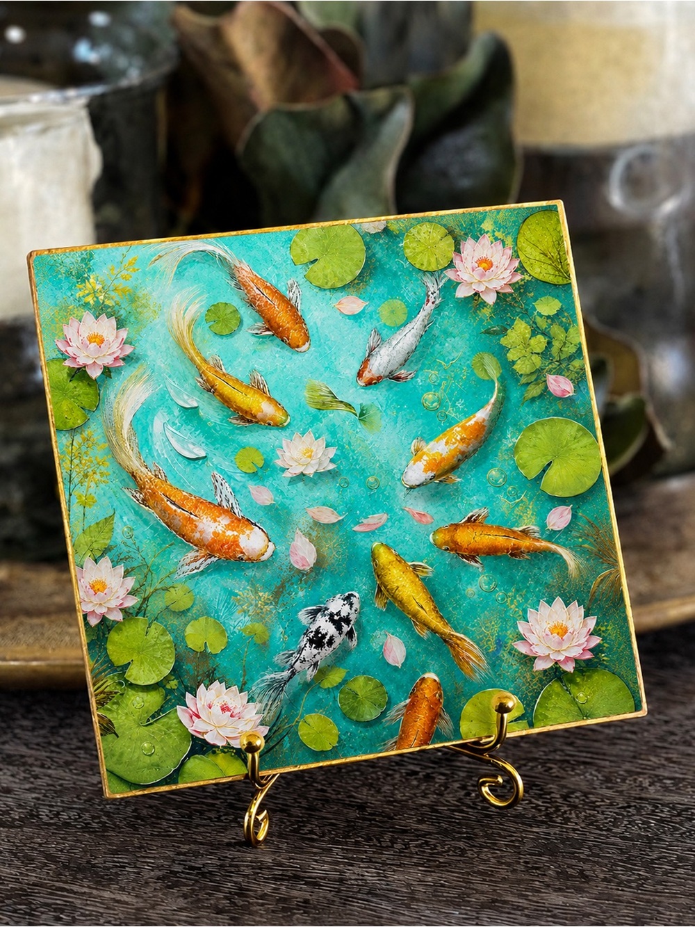 Hand Crafted Koi Pond Decorative Ceramic Coaster Green 4"